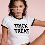 Woman wearing a white ringer crop top with black trim and 'TRICK or TREAT Crew' printed in black dripping text.

Original design and copyright by first row LA.
