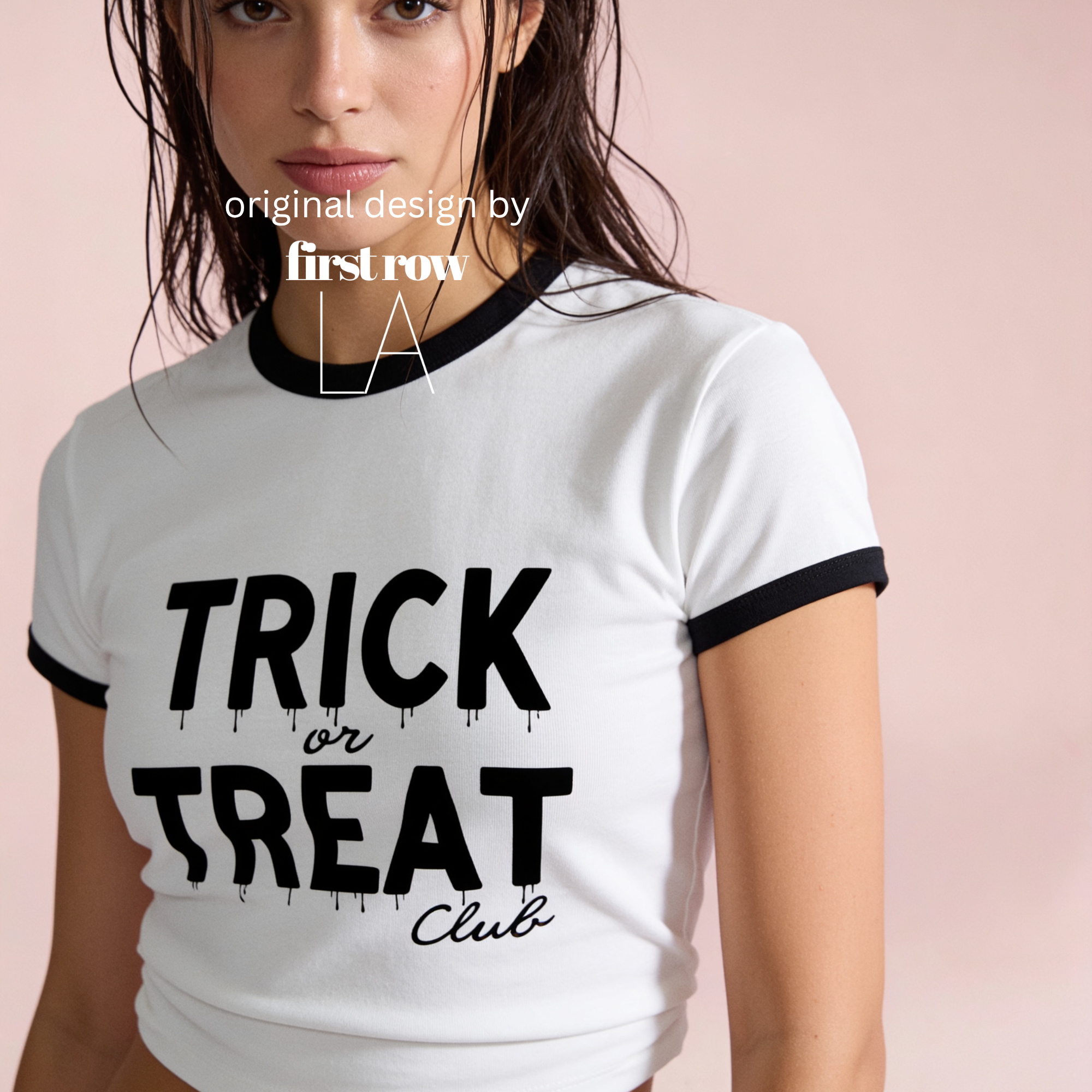 A woman wearing a white ringer T-shirt with black trim and a black graphic that reads 'TRICK or TREAT Club' in a dripping font.

Original design and copyright by first row LA.