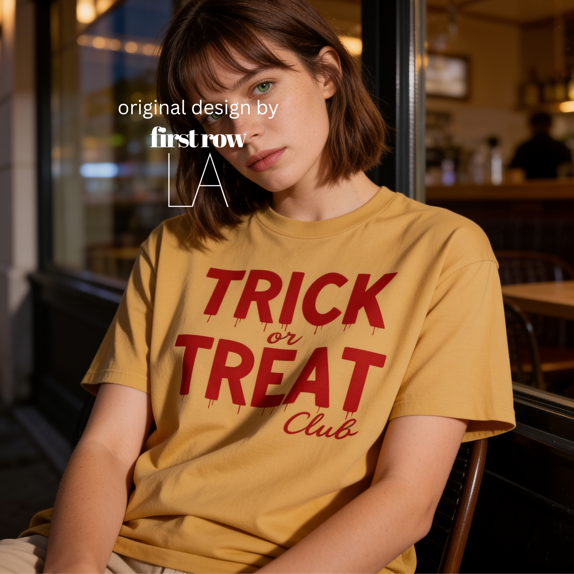 A woman wearing 'TRICK or TREAT Club' in dripping red letters.

Original design and copyright by first row LA.