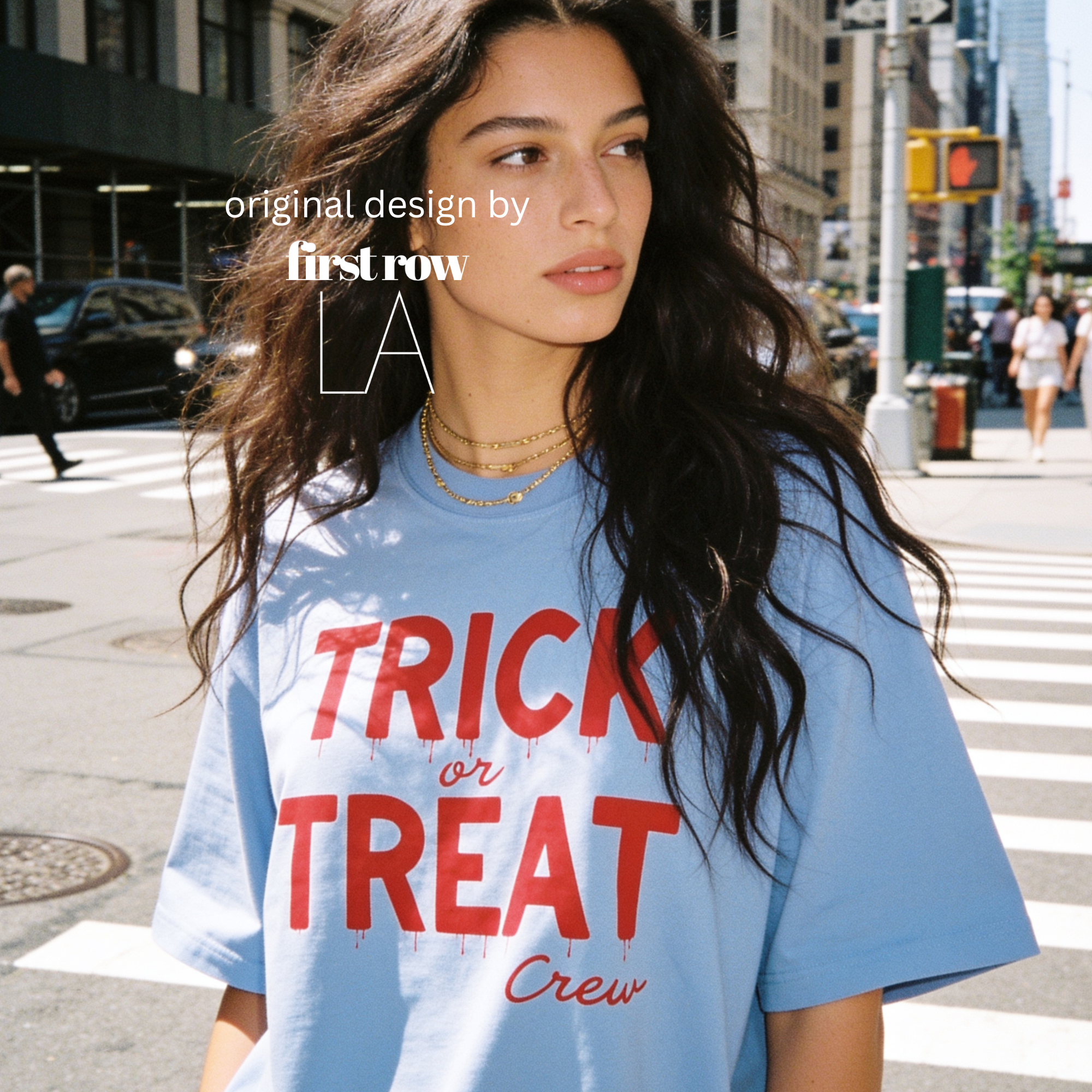 Woman wearing crewneck T-shirt with 'TRICK or TREAT Crew' printed in dark red across the front.

Original design and copyright by first row LA.