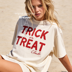 A woman wearing 'TRICK or TREAT Club' in dripping red letters.

Original design and copyright by first row LA.