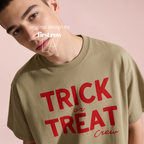 Man wearing crewneck T-shirt with 'TRICK or TREAT Crew' printed in dark red across the front.

Original design and copyright by first row LA.