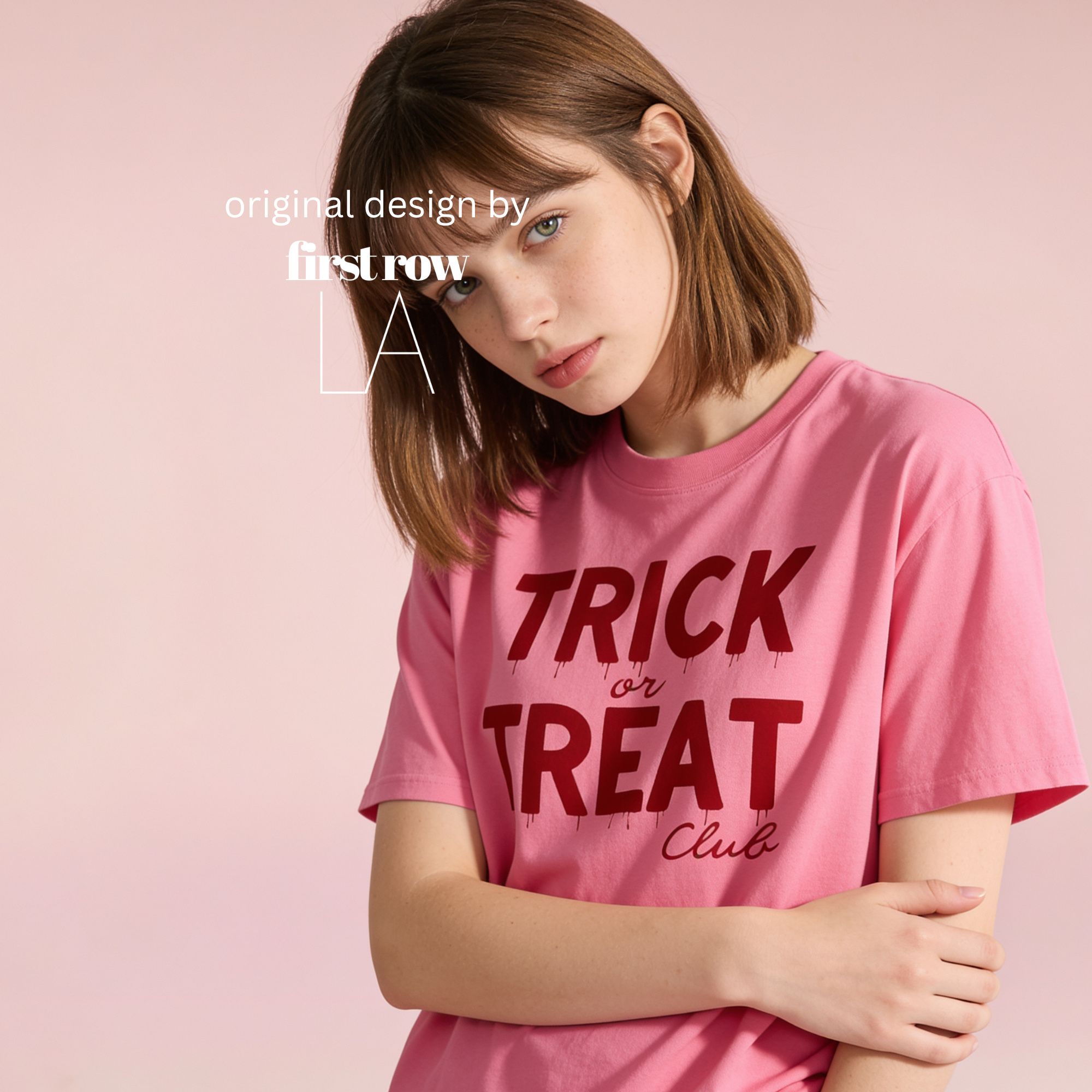 A woman wearing 'TRICK or TREAT Club' in dripping red letters.

Original design and copyright by first row LA.