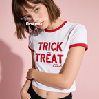 A woman wearing a white ringer T-shirt with red trim and a red graphic that reads 'TRICK or TREAT Club' in a dripping font.

Original design and copyright by first row LA.