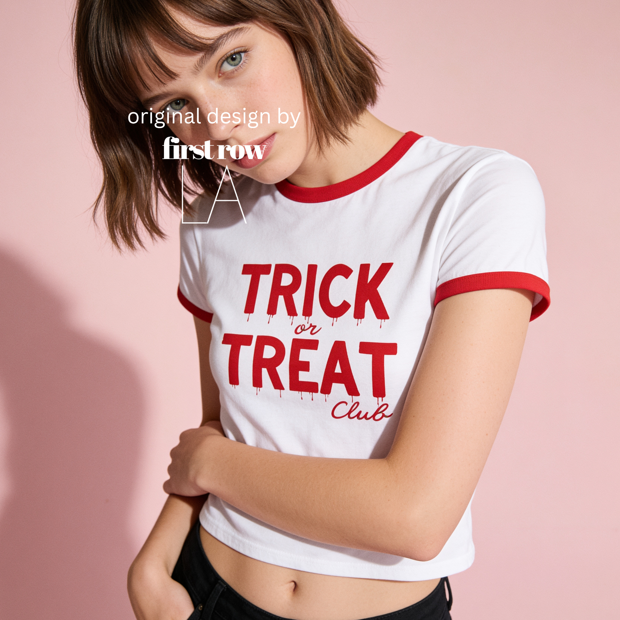 A woman wearing a white ringer T-shirt with red trim and a red graphic that reads 'TRICK or TREAT Club' in a dripping font.

Original design and copyright by first row LA.