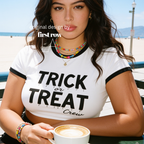 Woman wearing a white ringer crop top with black trim and 'TRICK or TREAT Crew' printed in black text.

Original design and copyright by first row LA.