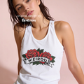 Woman wearing white tank top with a classic rose tattoo with a banner that says WEIRDO

Original design and copyright by first row LA.