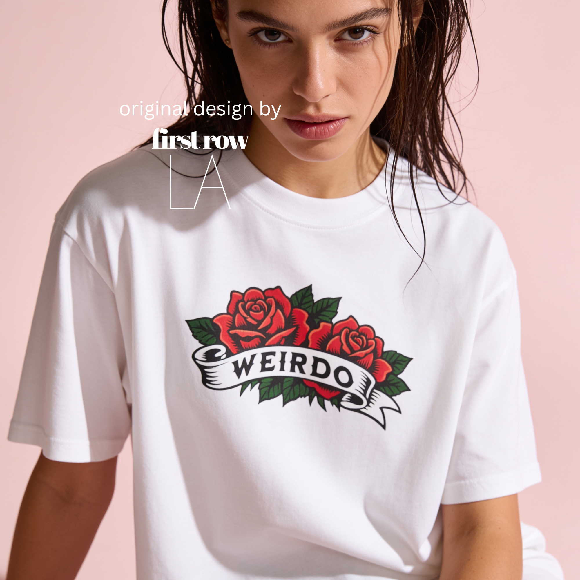 A woman wearing an oversized T-shirt with a red rose graphic and the word 'WEIRDO' 

Original design and copyright by first row LA.